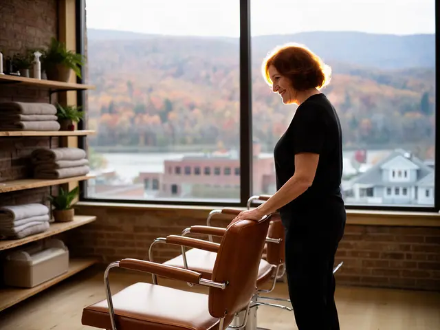 A woman with short auburn hair beside new equipment in a small hair salon.