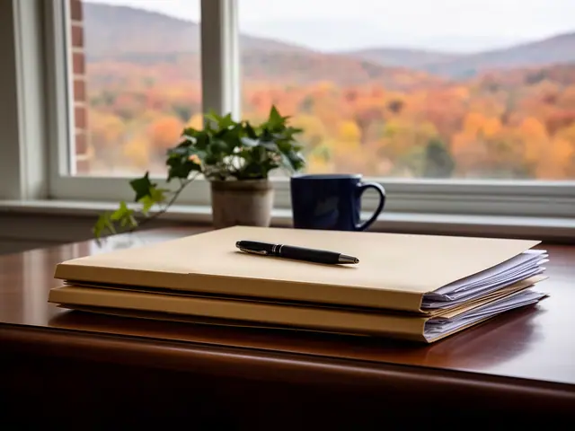 A neat stack of closed manila folders and a pen on a desk by a window.