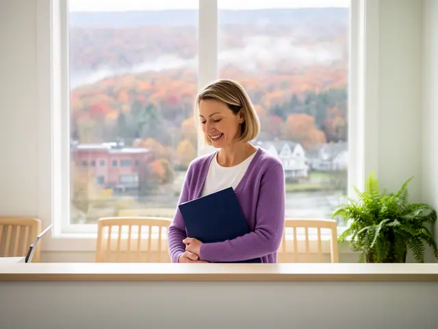 A clinic office manager holding a folder behind a reception counter.