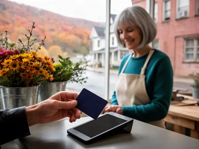 A customer taps a card on a counter terminal at a small florist shop.