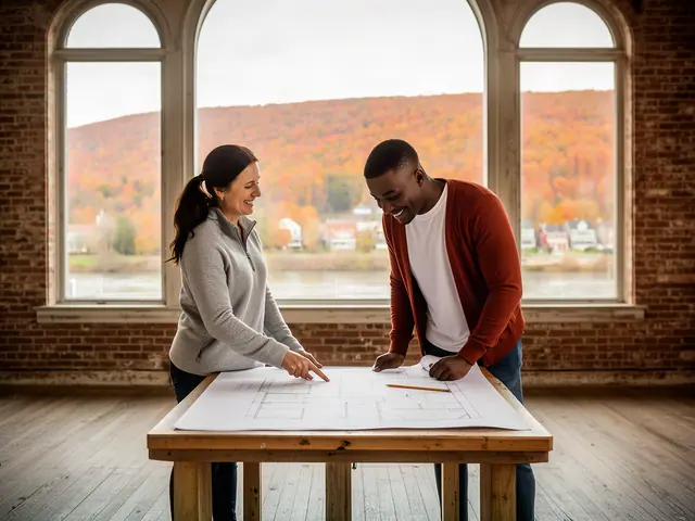 Two business partners looking over a pencil floor sketch in an empty storefront.