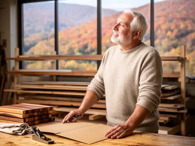 A man with short white hair at a work table with a closed folder in a small woodworking shop making cutting boards.